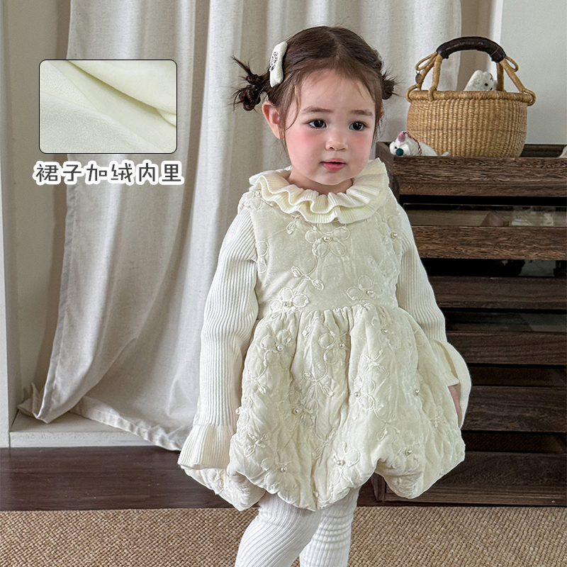 韩系甜美加绒连衣裙女童木耳边毛衣珍珠背心裙女宝生日周岁礼服