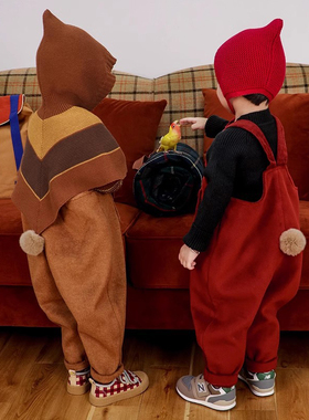 婴幼童兔尾巴背带长裤2025冬季红色圣诞新年款男女宝宝连体裤子