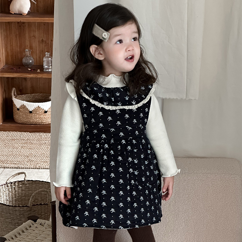 女童冬季碎花背心连衣裙加厚打底衫新款韩版花边领裙子甜美两件套