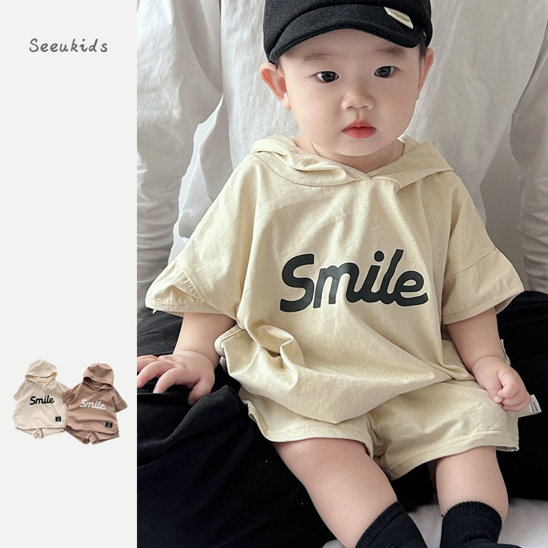 2025夏季新款韩版婴儿可爱卫衣短袖两件套男宝宝薄款字母分体套装