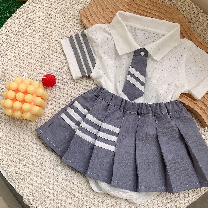 【清仓】夏季女童连体衣jk制服新生儿学院风哈衣两件套百褶裙套装