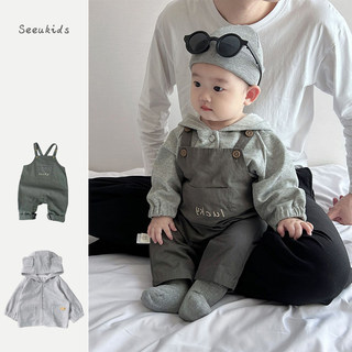 2024春季新款韩版婴儿字母工装背带连体裤男女宝宝连帽卫衣套装