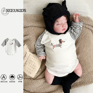 条纹拼袖 婴幼儿韩版 哈衣男女宝宝腊肠小狗外出爬服 新品 2025秋季