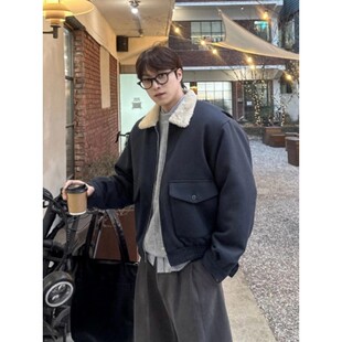 韩国东大门代购冬季时尚夹棉防风保暖双口袋毛领夹克外套棉服男