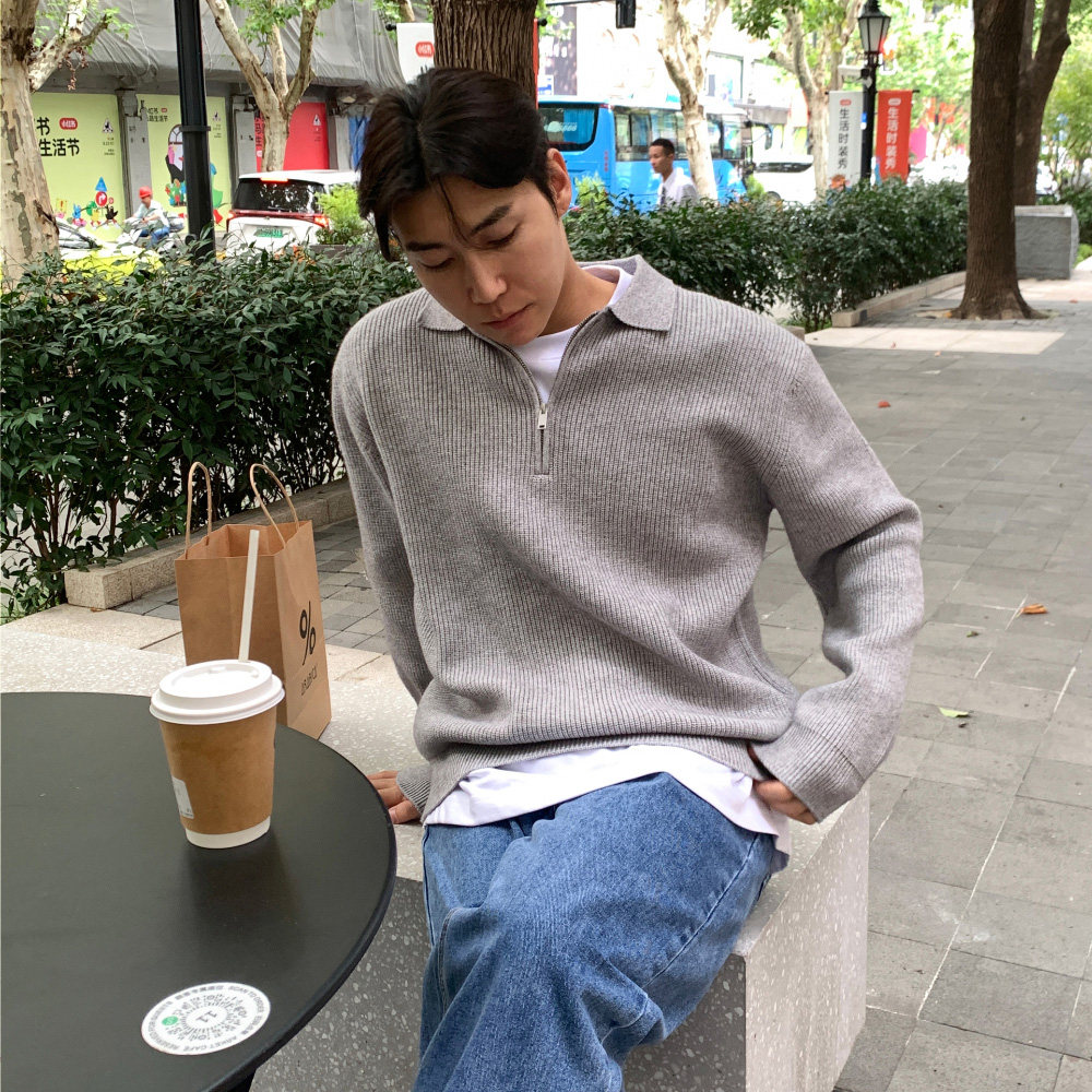 韩国东大门代购秋冬高品轻熟百搭纹理半拉链重工套头针织衫男毛衣,男装,针织衫/毛衣,淘宝优惠券,粉丝福利购,淘宝优惠卷