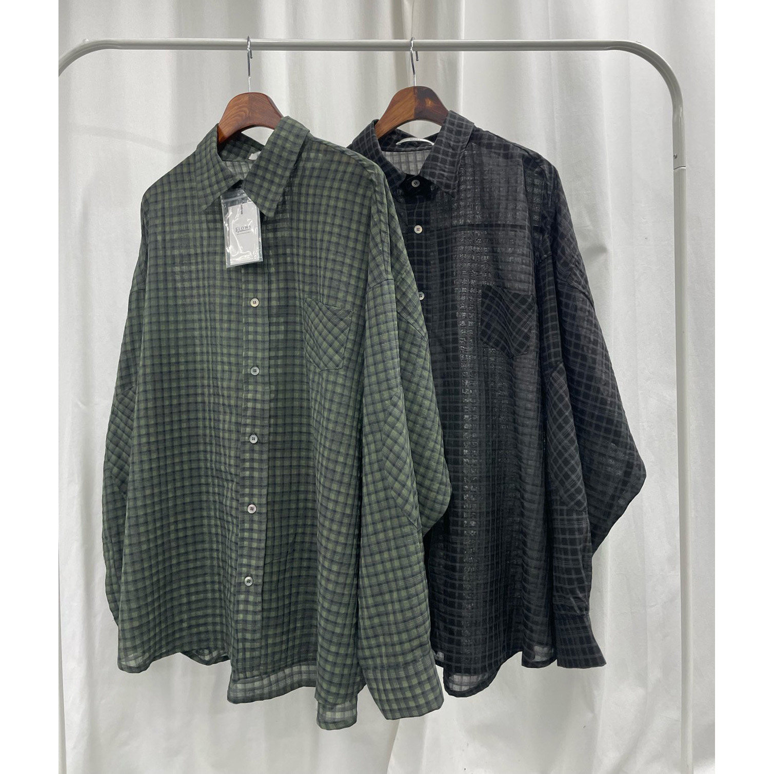 ANAN韩国东大门代购春夏高档时尚轻薄透视格子宽松休闲长袖衬衫男