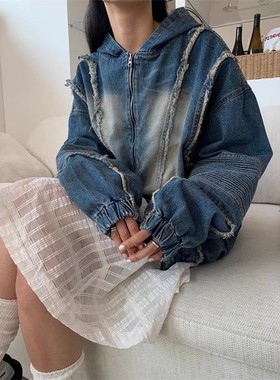 韩国代购男装时尚高街UNUSED毛边拼接重工水洗连帽牛仔夹克外套