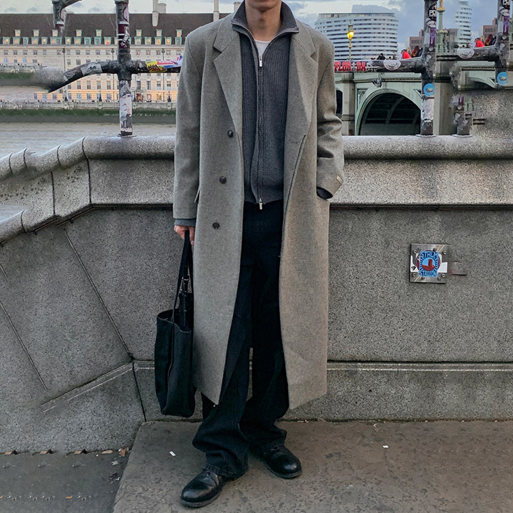 ANAN韩国东大门代购高档时尚个性隐藏扣长款过膝呢大衣外套男