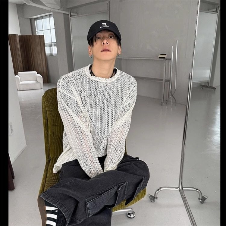 ANAN韩国男装代购蕾丝透视网眼潮流设计师精工针织衫防晒长袖T恤