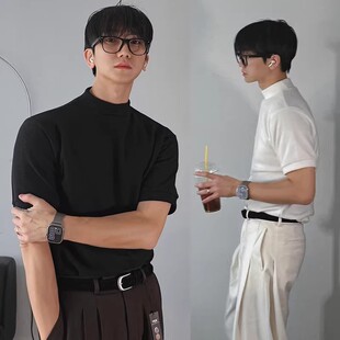 韩国东大门代购时尚简约纯色半高领短袖打底衫男修身百搭T恤衫