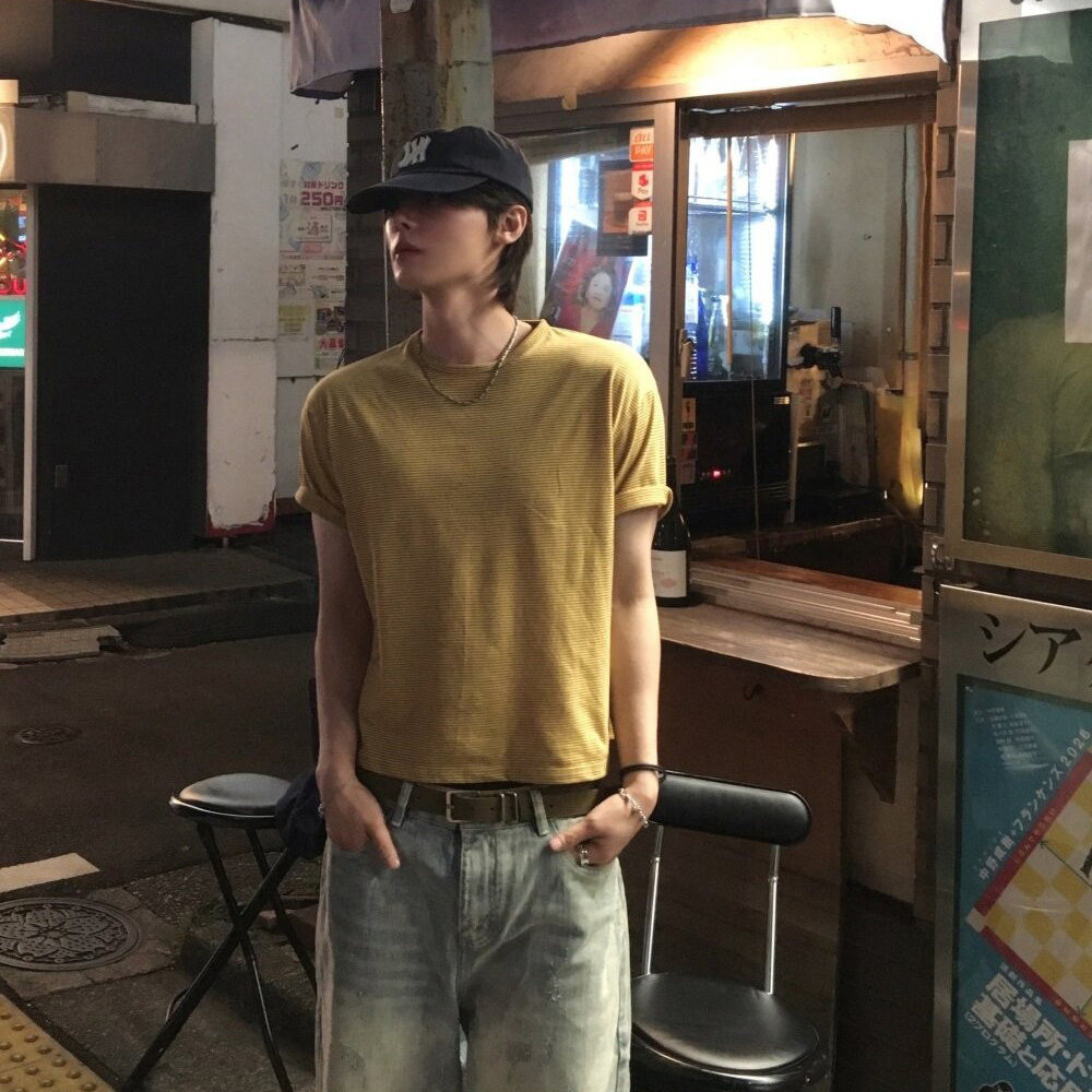 ANAN韩国东大门代购金允植同款气质复古休闲条纹短款短袖T恤衫男图片