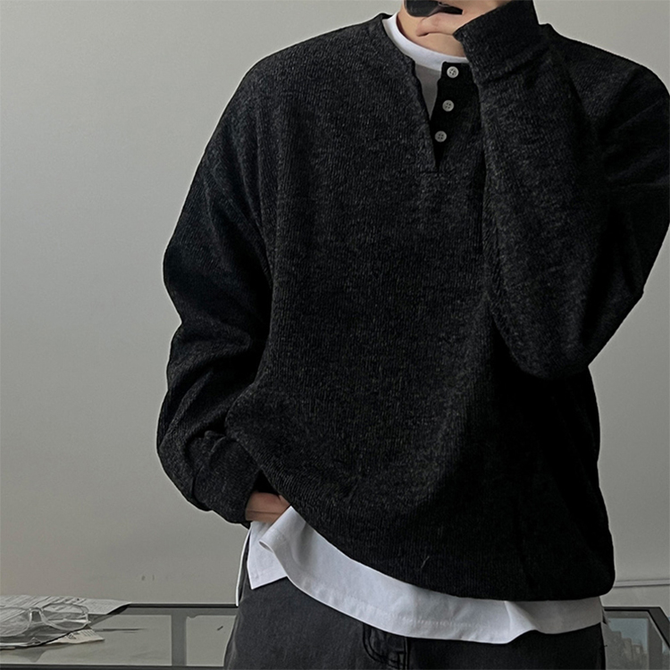 韩国东大门代购时尚百搭cozyfit简约慵懒亨利领宽松针织衫男毛衣