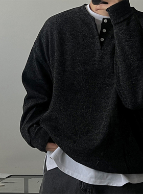 韩国东大门代购时尚百搭cozyfit简约慵懒亨利领宽松针织衫男毛衣