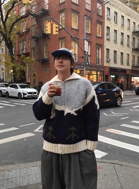 韩国东大门代购nomade直播高档重工减龄北欧风翻领针织开衫毛衣男