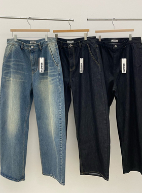 韩国东大门代购SLOWER直播高档秋冬复古重工三色抓绒直筒牛仔裤男