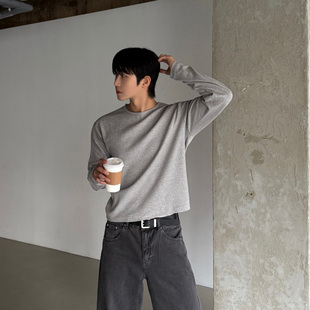 韩国东大门代购春秋高品时尚罗纹短款圆领休闲长袖打底T恤衫男