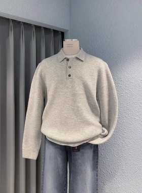 韩国东大门代购LOGAN高档时尚山羊绒混纺翻领半系扣针织衫男毛衣