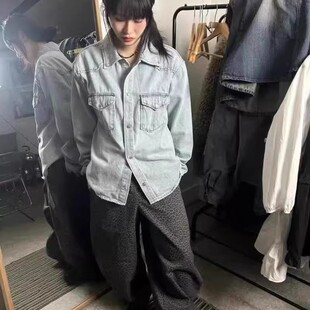 韩国东大门代购时尚水洗色重工磨白拼接设计师牛仔衬衫外套男女款