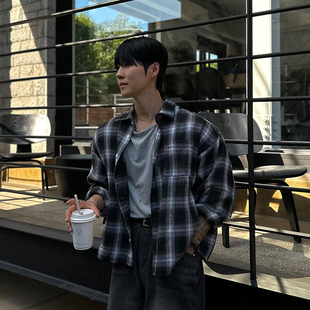 衬衫 韩国东大门代购 长袖 街头潮流痞帅格子纹cropped短款 男 秋季