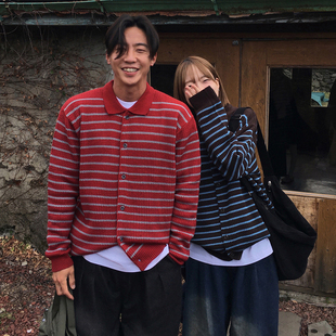 韩国东大门代购春翻领坑条纹理休闲条纹宽松针织开衫外套男女同款