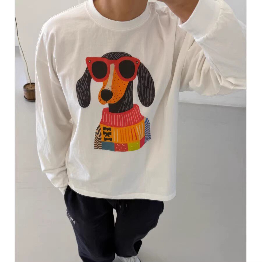 韩国东大门代购减龄卡通太阳镜狗狗数码印花圆领情侣T恤衫男女款
