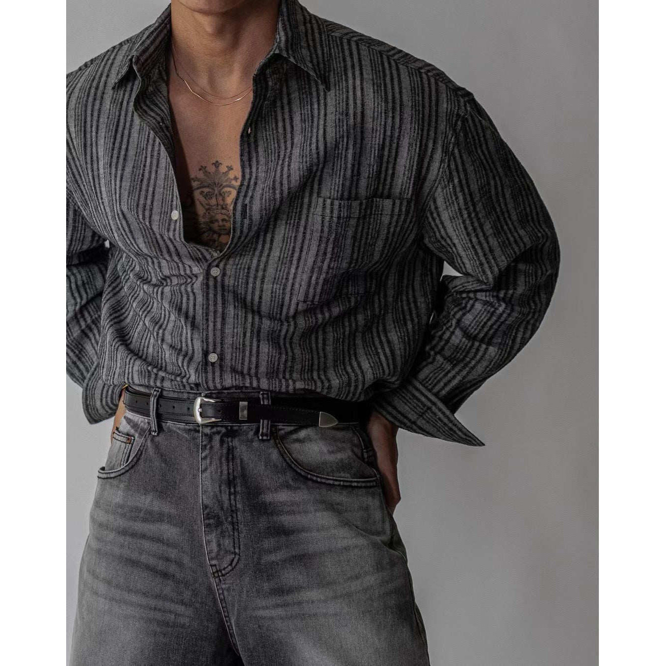 韩国东大门代购时尚高奢夏季轻薄透气慵懒风条纹休闲长袖衬衫男