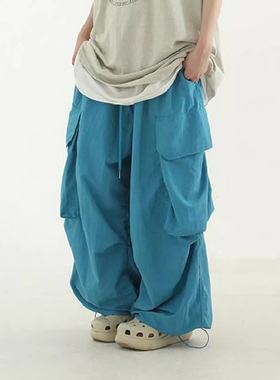韩国代购oversize taslan cargo banding pants男女款捏褶休闲裤