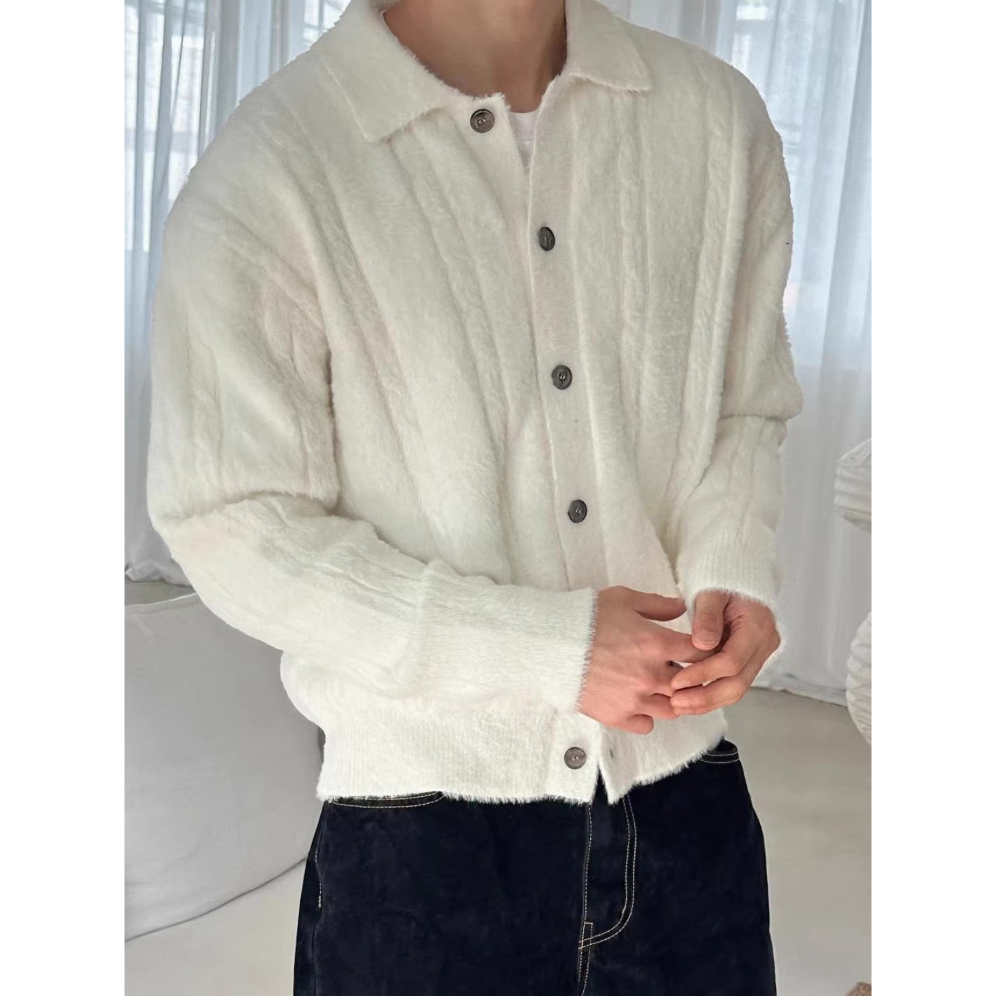 韩国东大门代购春秋高级感时尚粗针麻花纹针织开衫男休闲毛衣外套