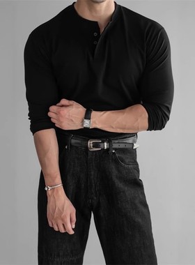 韩国代购男装HENDEL秋季新款轻熟百搭时尚三粒扣亨利领长袖T恤衫