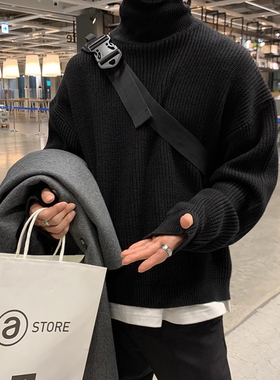 韩国东大门代购HENDEL秋冬重磅休闲可翻高龄粗棒针厚针织衫男毛衣