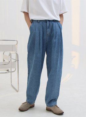 国内现货！SLOWER高档半松紧四色水洗双褶皱阔腿微锥牛仔裤