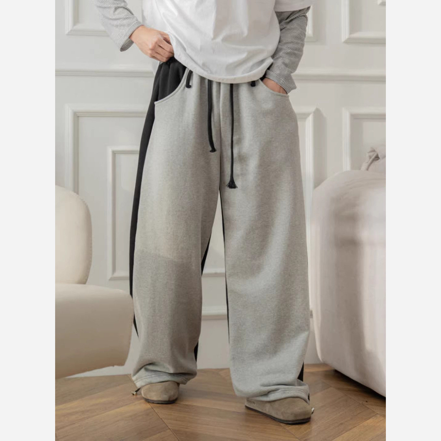 韩国东大门代购个性前后撞色拼接抽绳阔腿立体剪剪裁运动休闲裤男