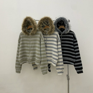 休闲中性款 连帽拉链外套条绒长袖 夹克 毛领短款 ANAN韩国东大门代购