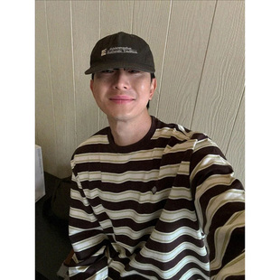 韩国东大门代购Grab时尚高品刺绣重工复古学院风条纹长袖T恤衫男