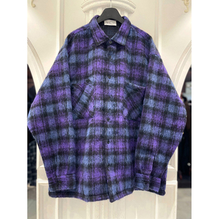 韩国东大门代购宽松混色格子纹羊毛混纺重工男士毛绒毛呢衬衫外套