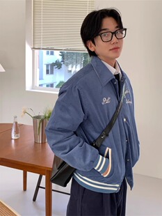 ANAN韩国男装代购秋冬灯芯绒翻领学院潮流刺绣棒球棉服夹克外套
