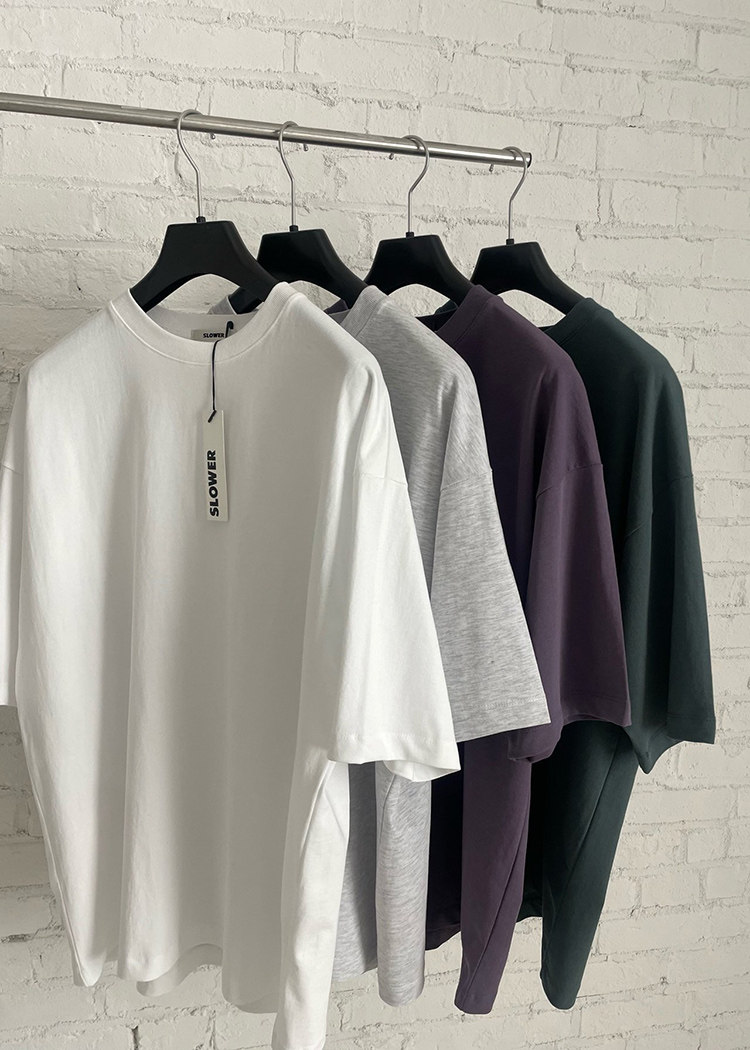 韩国大门代购SLOWER夏季高品重磅纯色落肩阔版短袖T恤衫男半袖