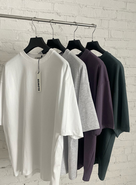 韩国东大门代购SLOWER夏季高品重磅纯色落肩阔版短袖T恤衫男半袖