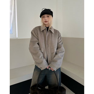 韩国东大门代购时尚个性收腰夹棉短款飞行夹克男女同款羊毛呢外套