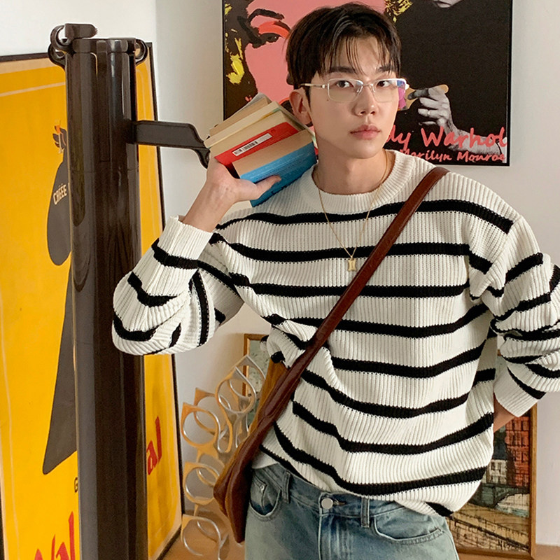 国内现货！软糯亲肤条纹时尚福利款减龄百搭圆领套头针织衫毛衣男