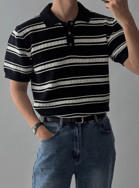 韩国东大门代购SLOG轻熟薄款冷感颗粒条纹针织POLO衫男翻领短袖T