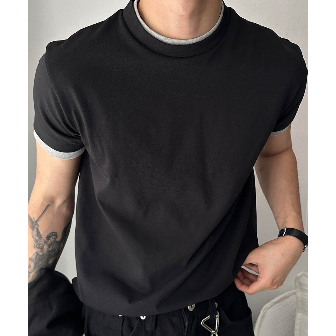 ANAN韩国东大门代购夏季时尚简约撞色叠穿假两件圆领短袖T恤衫男