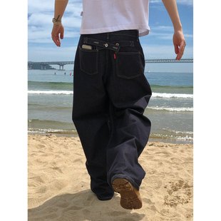 韩国东大门代购街头潮流个性背后系带设计师高品丹宁色牛仔裤男