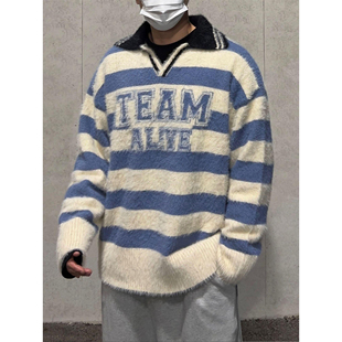 韩国东大门代购ALIVE直播时尚学院风毛绒条纹阔版套头针织毛衣男