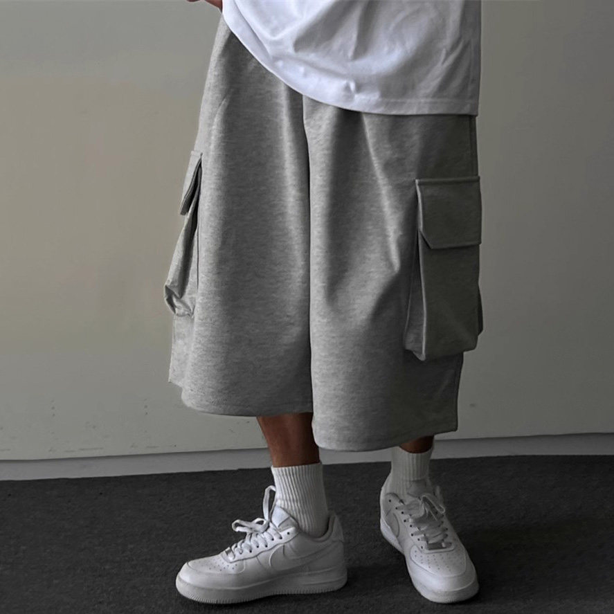 韩国东大门代购街头潮流工装风立体大口袋痞帅阔腿过膝休闲短裤男