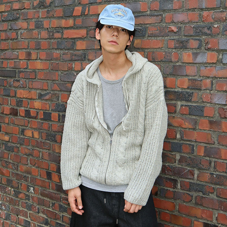 韩国东大门代购秋冬重工麻花纹个性cozyfit连帽针织毛衣外套男