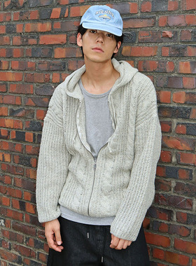 韩国东大门代购秋冬重工麻花纹个性cozyfit连帽针织毛衣外套男
