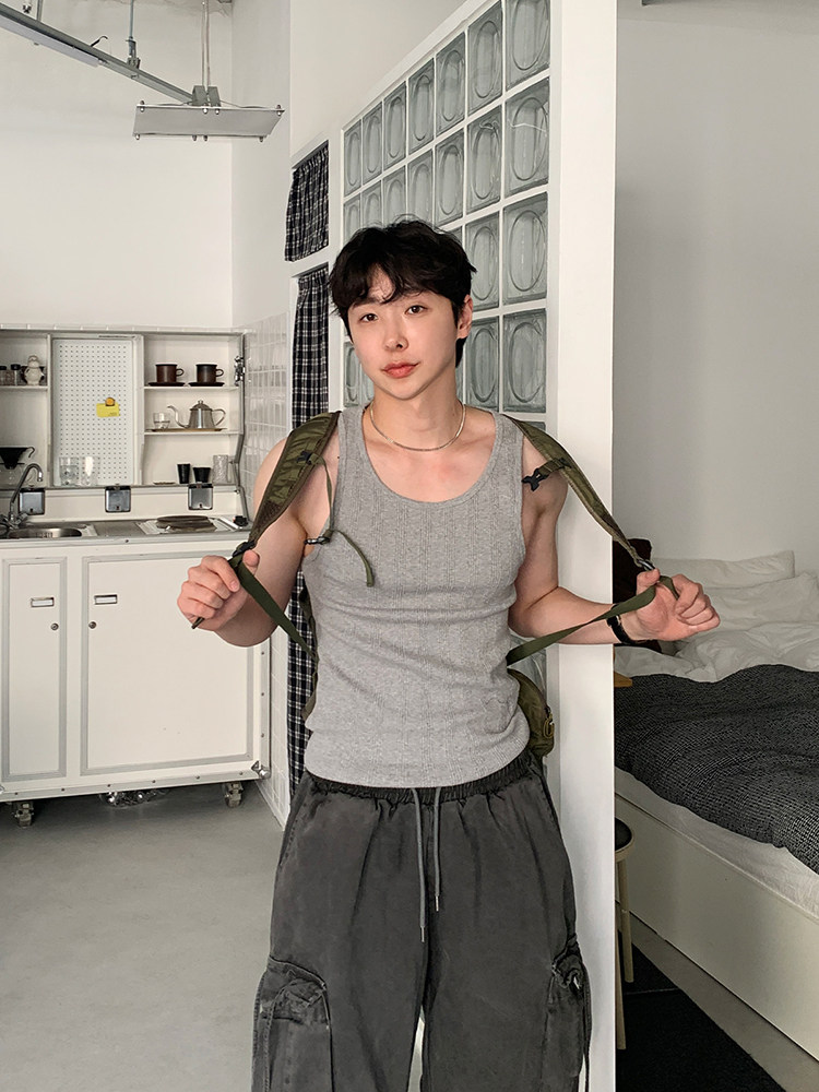 东大门韩国代购Craft夏季高品竖条纹理弹力修身运动休闲背心男