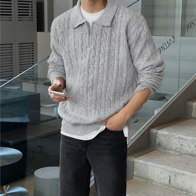 韩国东大门秋冬高品麻花纹翻领羊毛半拉链套头针织衫男轻熟毛衣