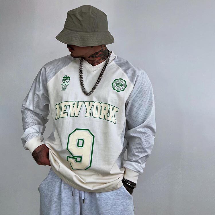 韩国代购男装高街潮流痞帅个性慵懒网眼拼接美式V领运动长袖T恤